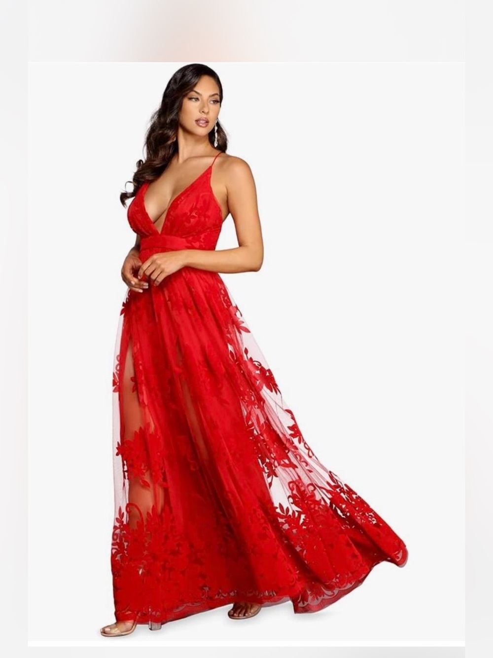 Windsor Red Embroidered Mesh Maxi Gown Formal Prom Evening Dress Est. Small